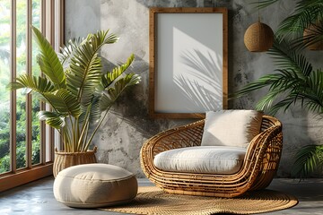 Modern Living Room with Rattan Armchair and Poster Frame Mockup for Elegant Home Decor