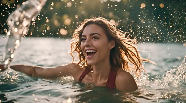 Junge Frau feiert bei einer Party im Wasser