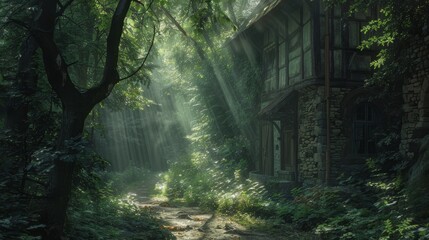 Mysterious stone house in a foggy forest with sunlight rays