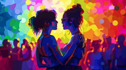 Lesbian Couple Dancing in a Crowded Festival, Pop Art Style