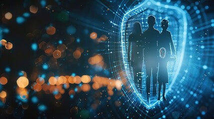 Silhouettes of family protected by a glowing digital shield.