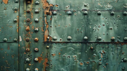 Close-up of a rusty metal door with rivets, showcasing the distressed texture and rusted appearance.