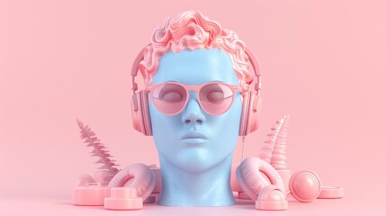 Minimalistic Music Concept, Sunglasses and Headphones on Human Head Sculpture 3D Render