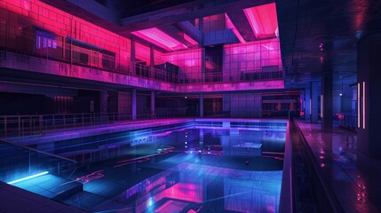 Neon lit swimming pool in modern building for futuristic or urban design