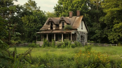 An old, abandoned house stands desolate amidst a dense woodland.