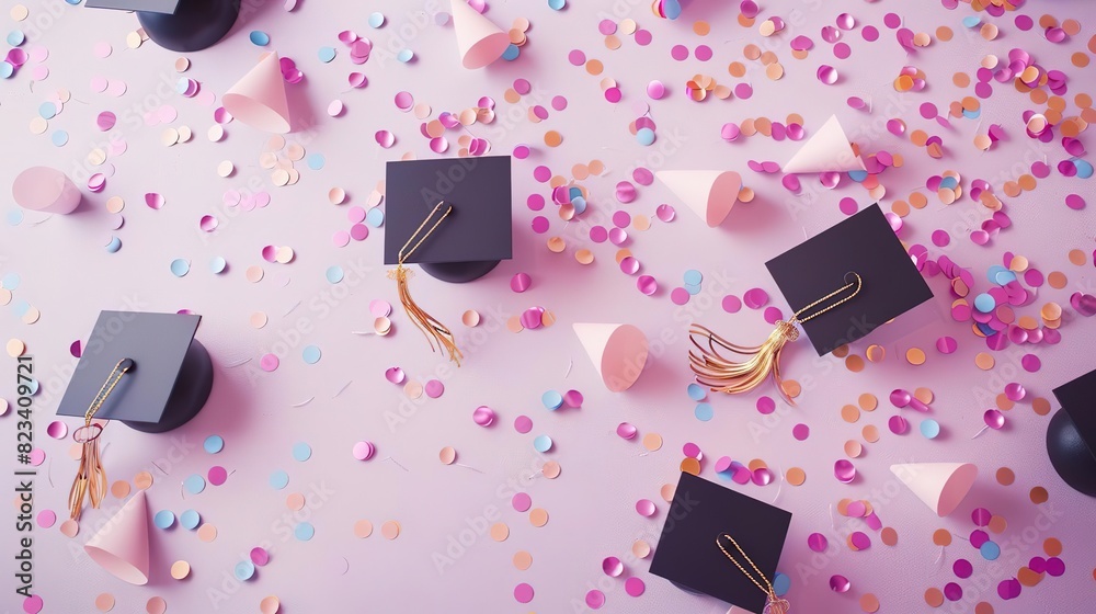 Wall mural Graduation caps and confetti on a pink background.