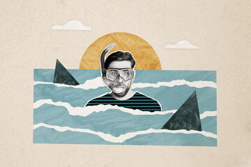 Composite photo collage of astonished scary guy wear swim equipment tube mask shark attack wild...