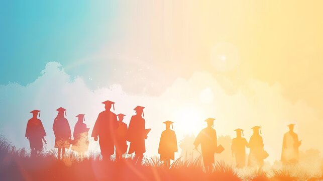 Silhouettes of graduates walking towards a bright future under a colorful sky.