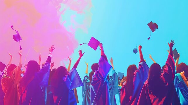 Silhouettes of graduates throwing caps in the air at a celebration.