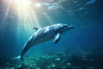 Obraz premium Dolphin swimming in the ocean with sun light flare from the surface. Nature underwater animal wildlife concept.