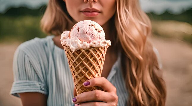 Junge Frau h&auml;lt ein leckeres Eis in der Hand. Sommerstimmung kommt auf