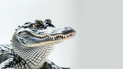 Obraz premium Close-up of reptile with sharp teeth, likely alligator, on light background