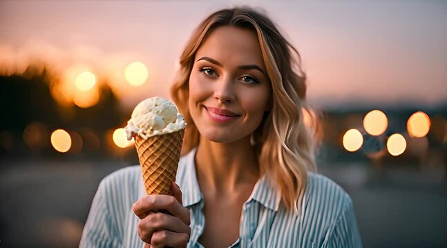 Junge Frau h&auml;lt ein leckeres Eis in der Hand. Sommerstimmung kommt auf