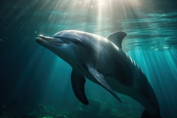 Dolphin swimming in the ocean with sun light flare from the surface. Nature underwater animal wildlife concept.