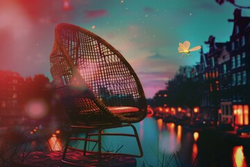 A realistic analog photograph capturing an 80's style rattan chair appearing to float slightly above the ground, illuminated with a soft glow, accompanied by a small yellow firefly hovering nearby,
