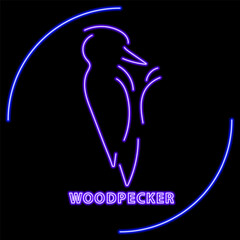 woodpecker neon sign, modern glowing banner design, colorful modern design trend on black background. Vector illustration.