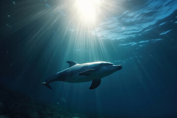 Dolphin swimming in the ocean with sun light flare from the surface. Nature underwater animal wildlife concept.