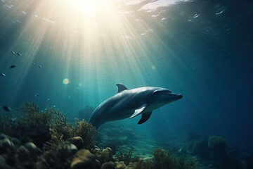 Dolphin swimming in the ocean with sun light flare from the surface. Nature underwater animal...