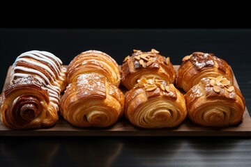 Fototapeta premium Selection of fresh, delicious pastries with various toppings, presented on a dark background
