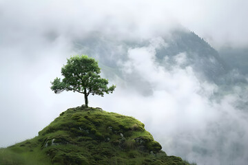 Solitary tree on misty hilltop