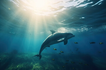 Dolphin swimming in the ocean with sun light flare from the surface. Nature underwater animal wildlife concept.