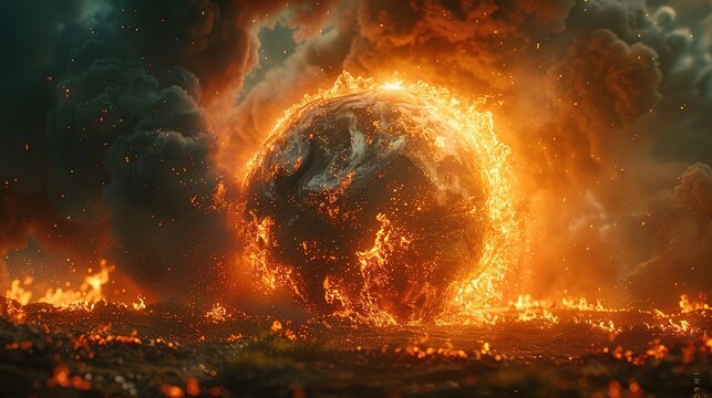 A fiery apocalyptic scene with a burning globe and flames engulfing the landscape.