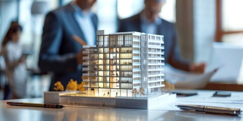 A model of an office building sitting densely on a table with two business people in suits using...