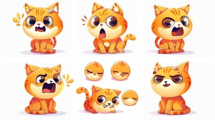 Various emotions of a cute cat character, isolated on white