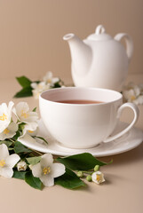 A white tea cup and teapot with a jasmine flowers