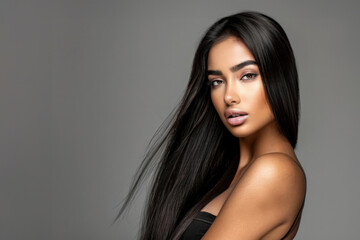 Fototapeta premium Young Woman With Long Dark Hair Posing Against a Grey Background in a Studio Setting