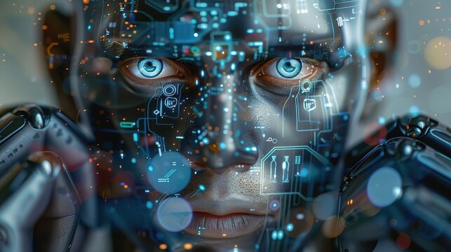 Closeup portrait of a cyborg with blue eyes and digital circuitry overlay.