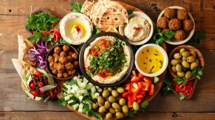 A colorful platter of Middle Eastern mezze, including hummus, falafel, tabbouleh, and pita bread, with fresh vegetables and olives, on a rustic wooden table.