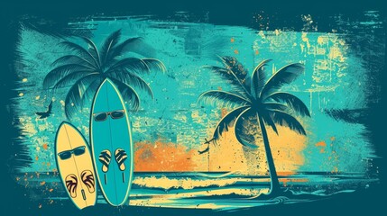 Illustration of a deep turquoise background, with a surfboard, palm trees, sunglasses, and flip-flops, embodying a surfer's dream.