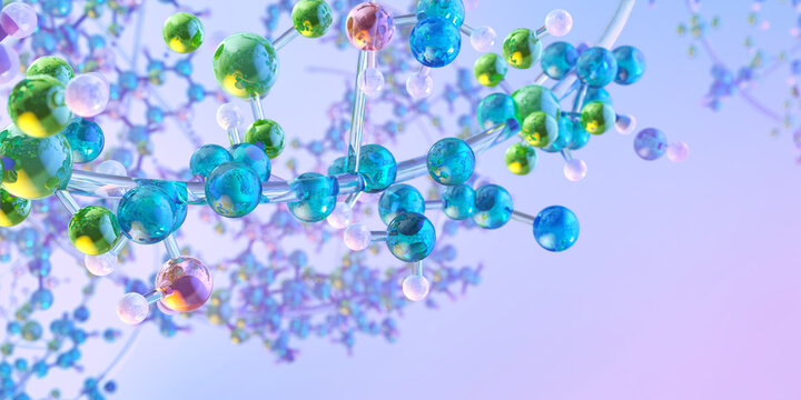 Molecules in chemistry and biochemistry, showing DNA proteins 3D molecular structure. Сhemical bonds, amino acids synthesis, enzymes. Molecular biology, nanotechnology, pharmaceuticals and metabolism