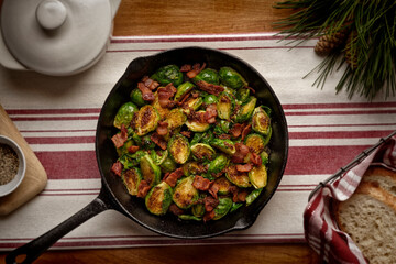 Top view of a pan of brussels sprouts on a table