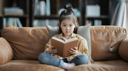 Asian Chinese little girl sitting on the sofa writting book