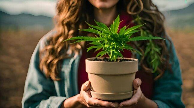 Junge Frau pflegt Cannabispflanze auf ihrem Balkon