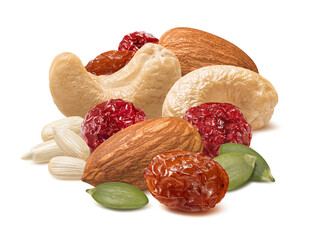 Almond, cashew, brazil nuts, pumpkin and sunflower seeds, raisin and cranberry berries isolated on...
