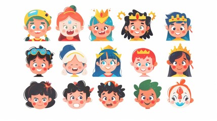 Flat cartoon toddler head collection of happy kids in funny colorful illustration style. Ideal for education ideas or kid projects.