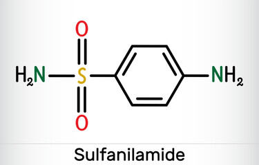 Sulfanilamide, sulphanilamide molecule. It is antibacterial drug.  Skeletal chemical formula.