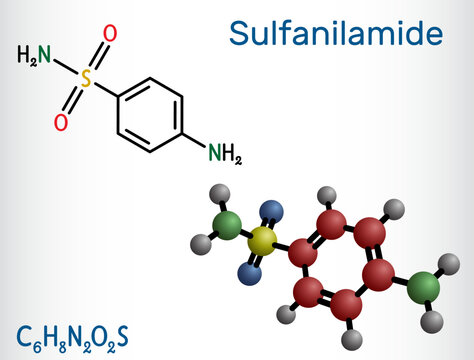 Sulfanilamide, sulphanilamide molecule. It is antibacterial drug.  Structural chemical formula and molecule model. Vector illustration
