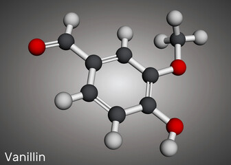 Vanillin molecule. It is flavor compound. Molecular model. 3D rendering.