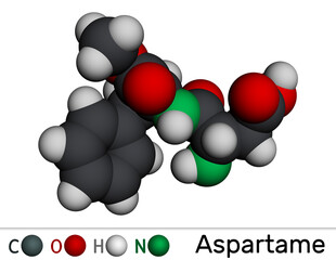 Aspartame, APM, molecule. Sugar substitute and E951. Molecular model. 3D rendering.