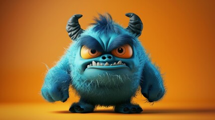 A cartoon monster with an angry face on an orange background. This is a 3d render illustration.