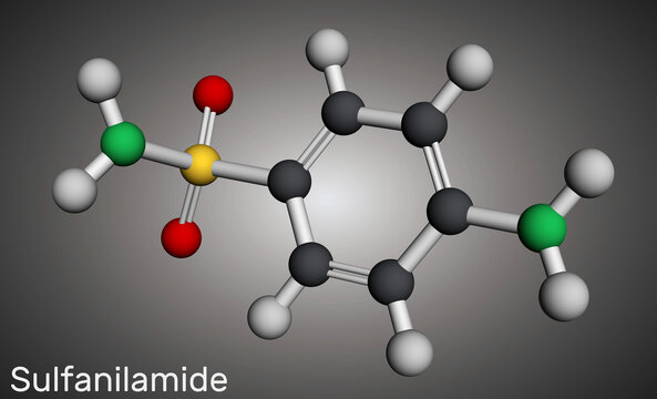 Sulfanilamide, sulphanilamide molecule. It is antibacterial drug.  Molecular model. 3D rendering