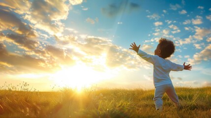Joyful Toddler Embracing the Sunshine in a Picturesque Field