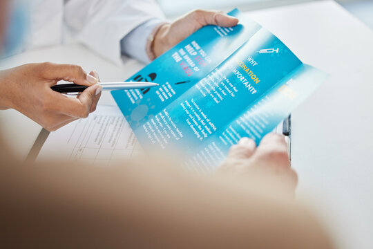 Virus, brochure and hands of doctor in hospital for consulting, medical information or healthcare. Safety, pandemic and advice with patient for disease, protection or covid vaccination in clinic