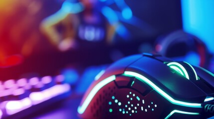Vibrant close-up of an RGB gaming mouse on a blurred desktop, highlighting the dynamic colors and advanced gaming technology.