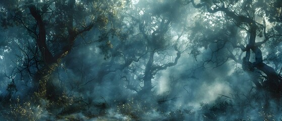 Ethereal Moonlit Forest Glade with Ancient Twisted Roots and Mist