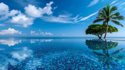 Tranquil Reflection of Idyllic Tropical Island Paradise in Shimmering Emerald Swimming Pool